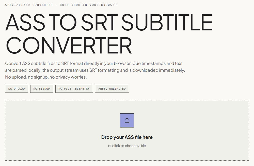 EgoHero's ASS to SRT subtitle converter interface